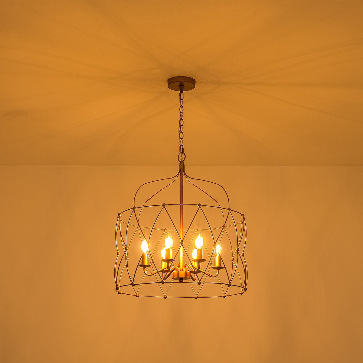 Brass 6-Light Candle Geometric Metal Drum Lantern Chandelier