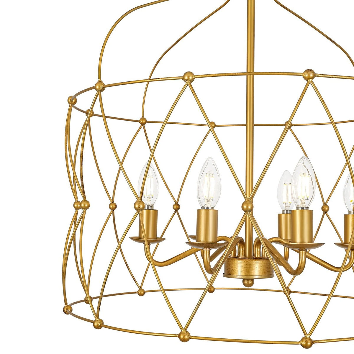 Brass 6-Light Candle Geometric Metal Drum Lantern Chandelier