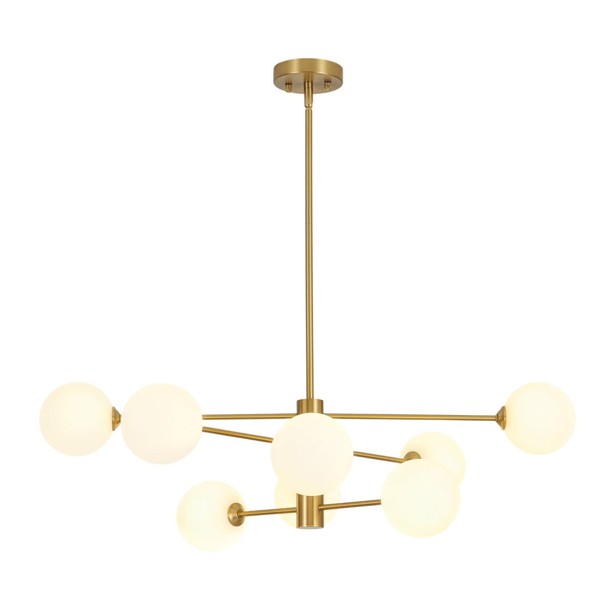 Brass 8-Light Tiered Opal Glass Globe Sputnik Chandelier