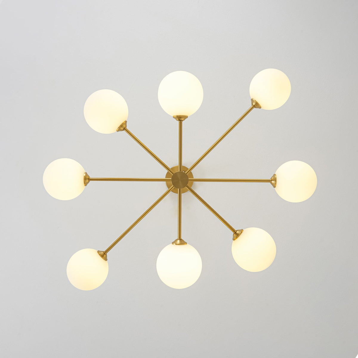 Brass 8-Light Tiered Opal Glass Globe Sputnik Chandelier