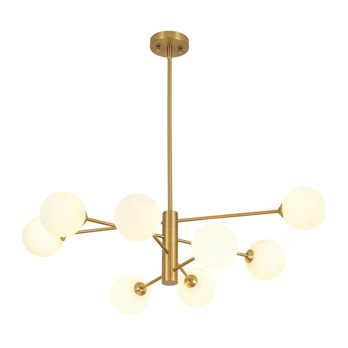 Brass 8-Light Tiered Opal Glass Globe Sputnik Chandelier