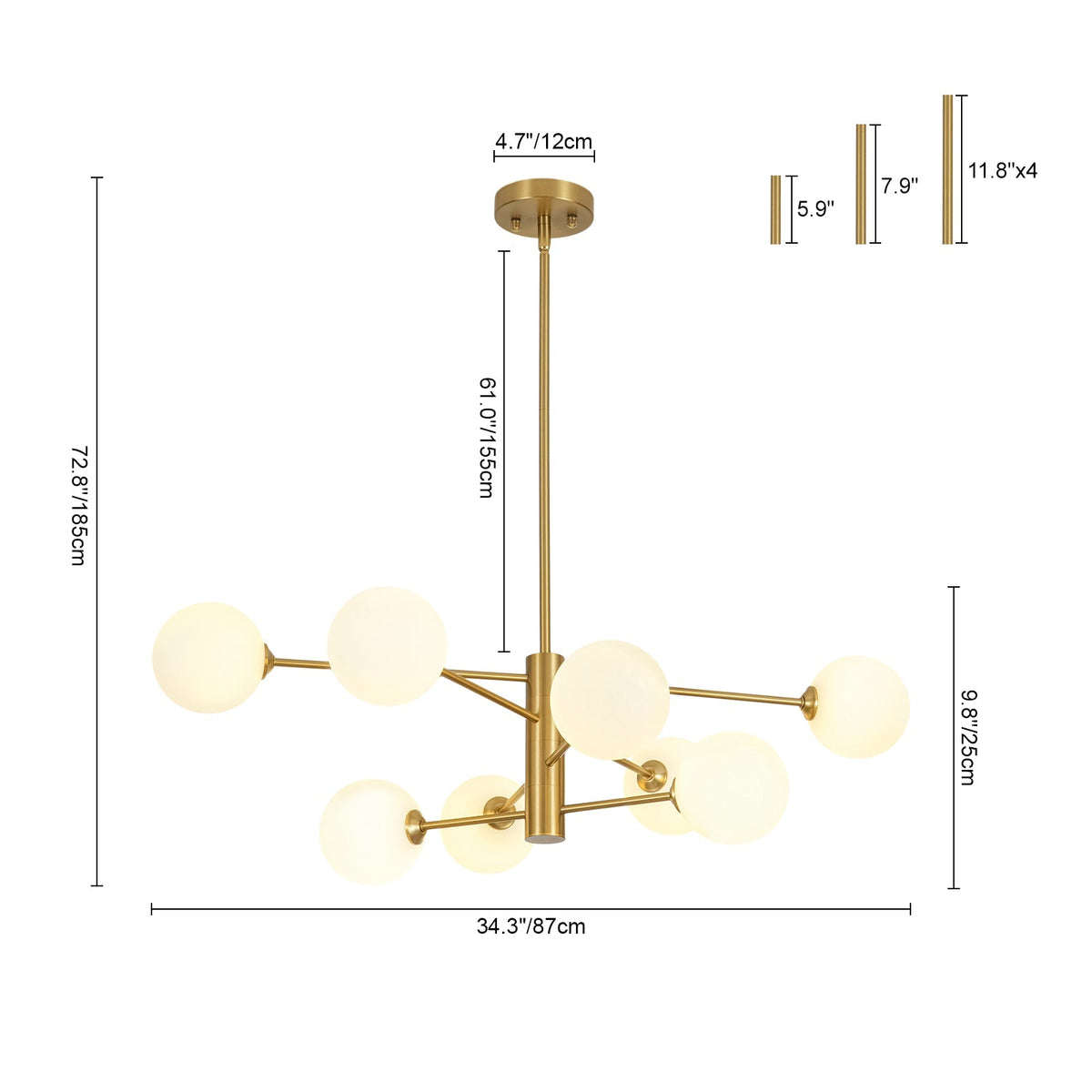 Brass 8-Light Tiered Opal Glass Globe Sputnik Chandelier