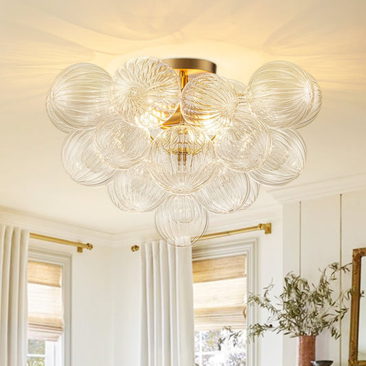 Brass Cluster Ribbed Glass Globe Bubble Semi Flush Chandelier