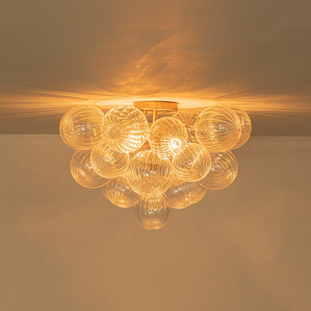 Brass Cluster Ribbed Glass Globe Bubble Semi Flush Chandelier