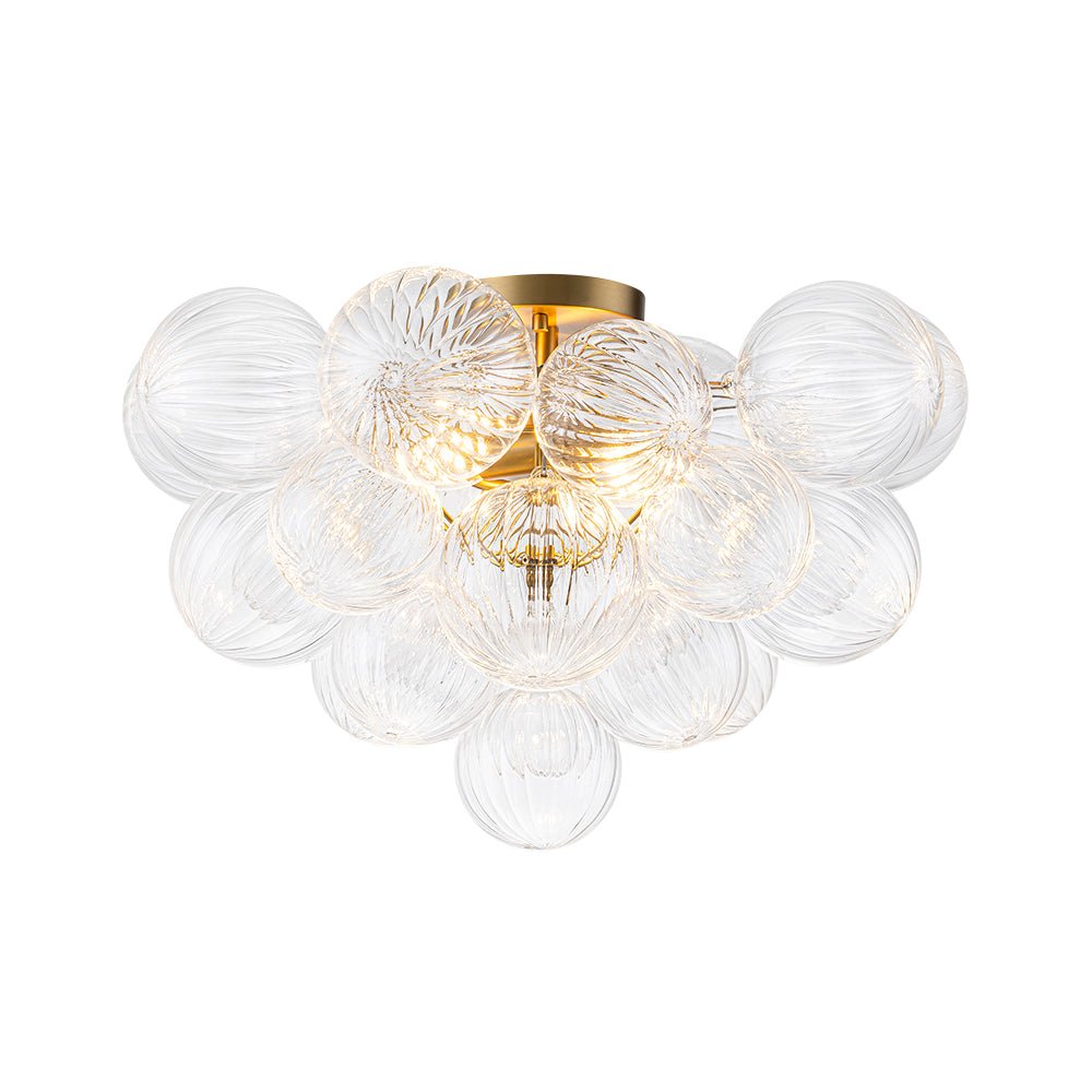 Brass Cluster Ribbed Glass Globe Bubble Semi Flush Chandelier