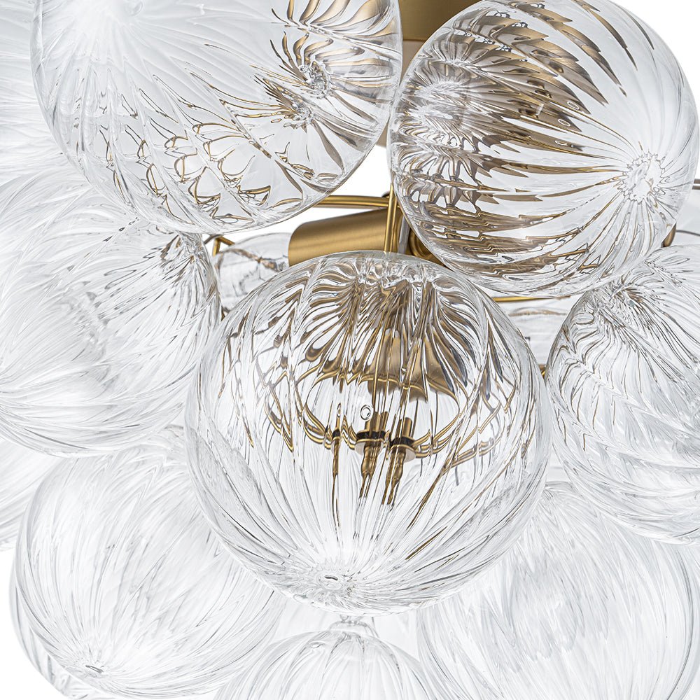Brass Cluster Ribbed Glass Globe Bubble Semi Flush Chandelier