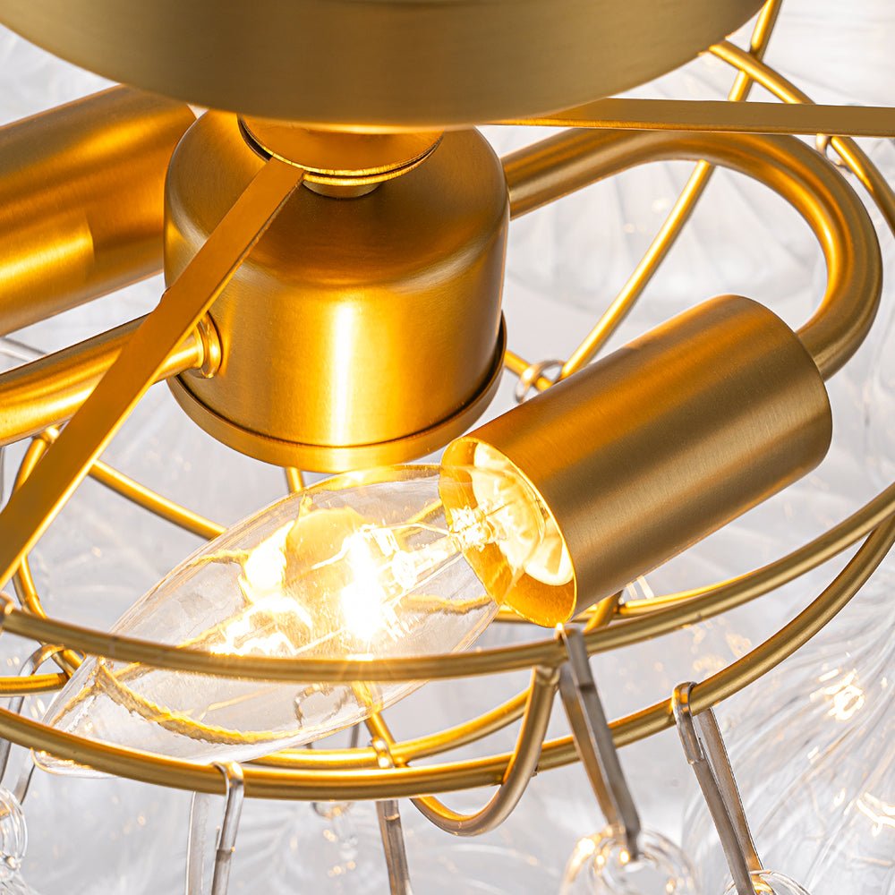 Brass Cluster Ribbed Glass Globe Bubble Semi Flush Chandelier