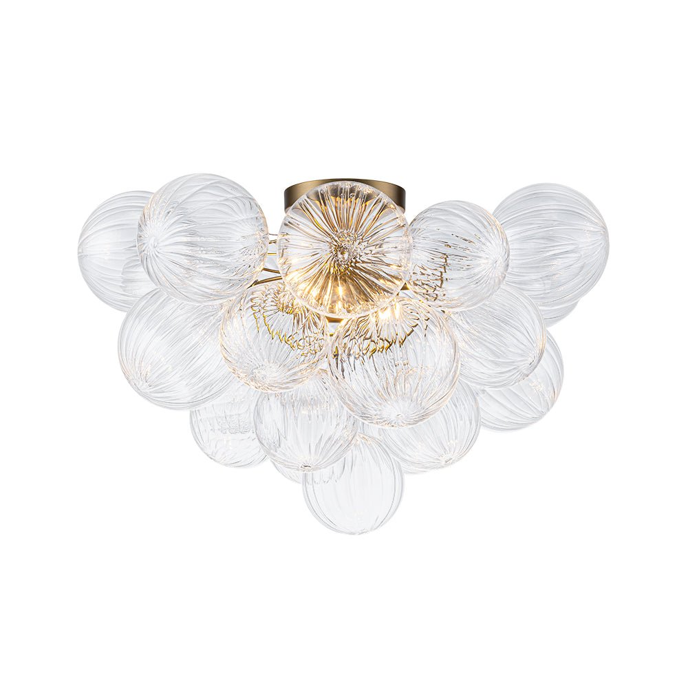 Brass Cluster Ribbed Glass Globe Bubble Semi Flush Chandelier