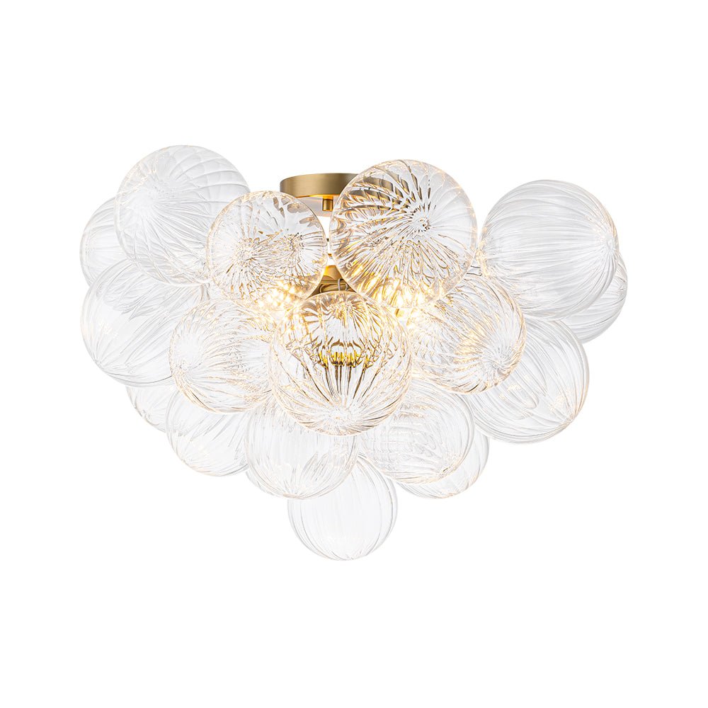 Brass Cluster Ribbed Glass Globe Bubble Semi Flush Chandelier