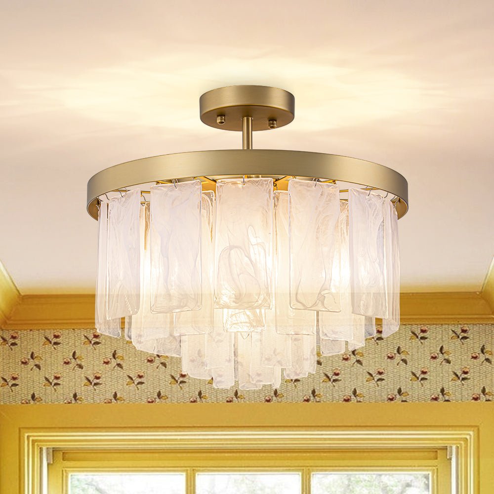 Tiered Opal Swirl Glass Round Semi Flush Mount Chandelier