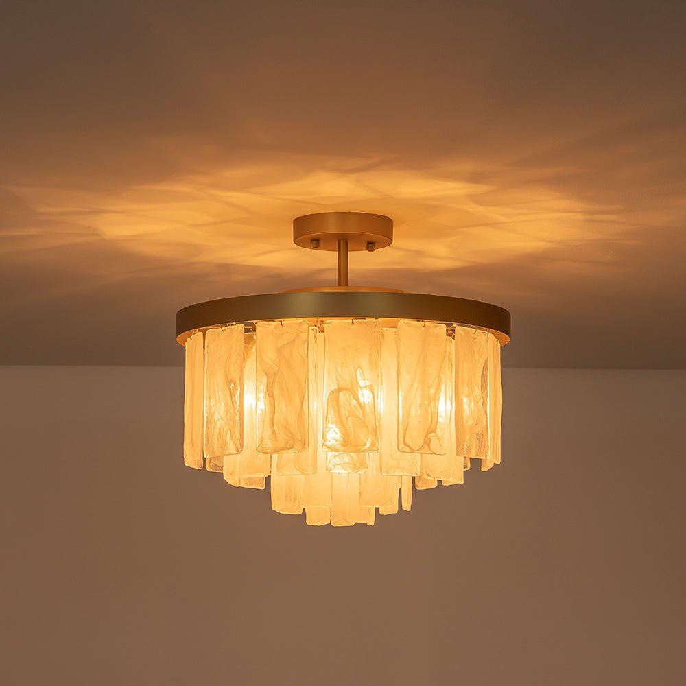 Tiered Opal Swirl Glass Round Semi Flush Mount Chandelier