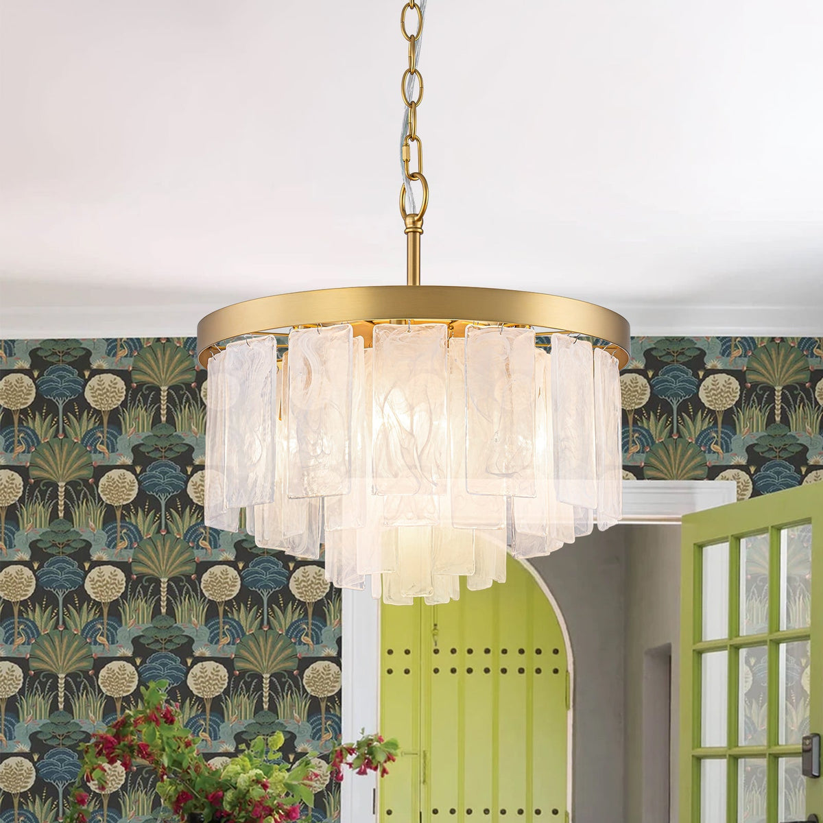Tiered Opal Swirl Glass Round Semi Flush Mount Chandelier