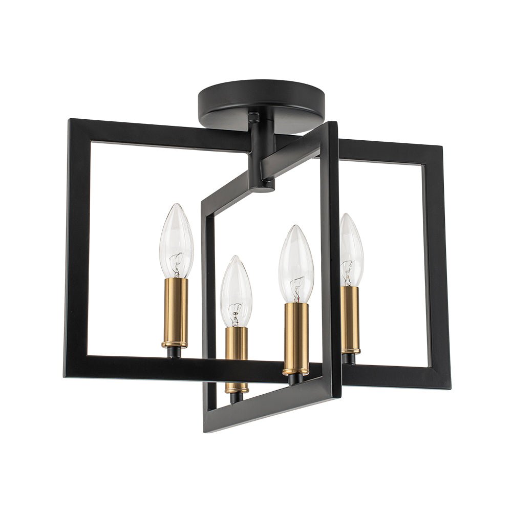 Farmhouse Black Brass 4-Light Square Cage Semi Flush Mount