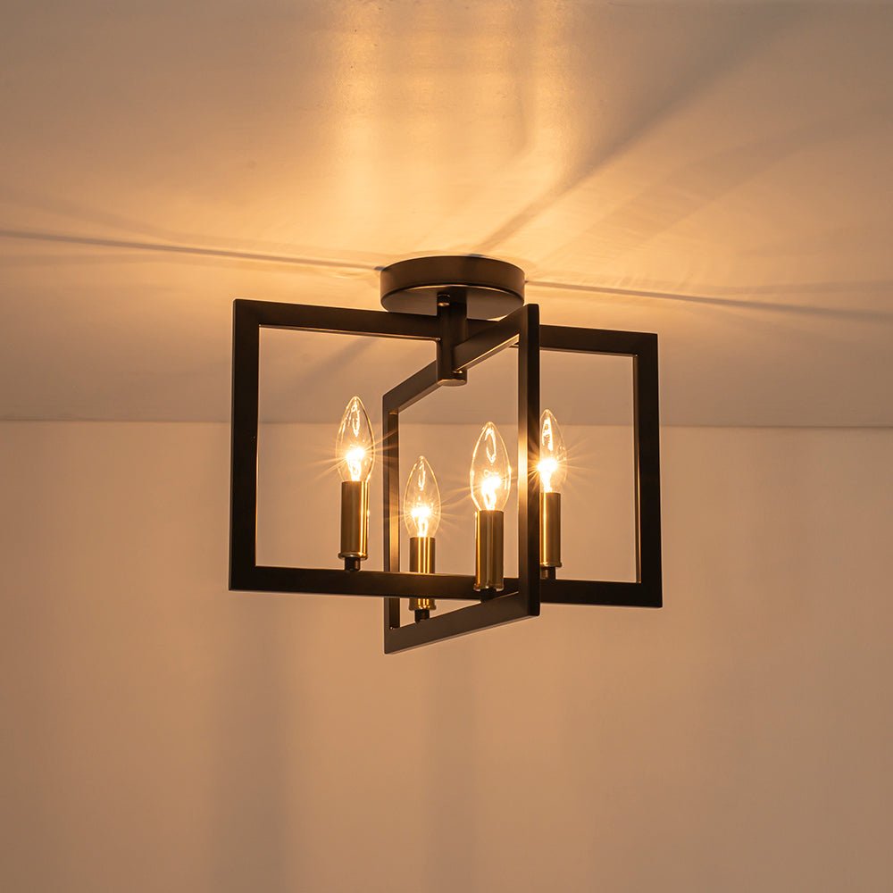 Farmhouse Black Brass 4-Light Square Cage Semi Flush Mount