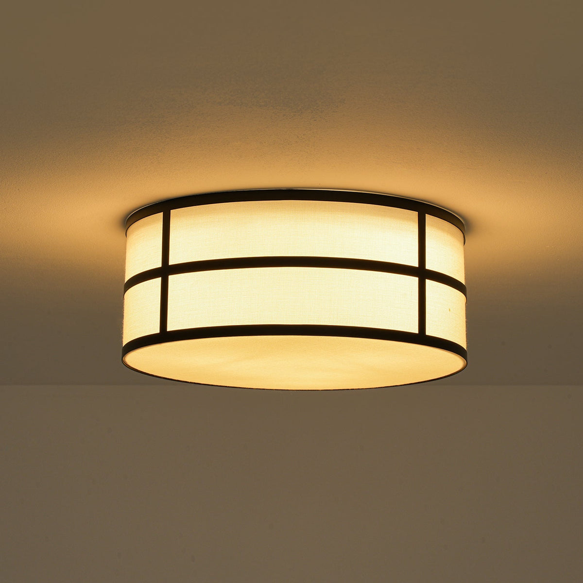 Farmhouse White Linen Fabric Drum Cage Flush Mount Light