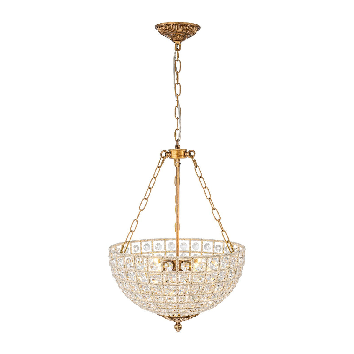 French Antique Brass Bronze Crystal Round Cage Chandelier
