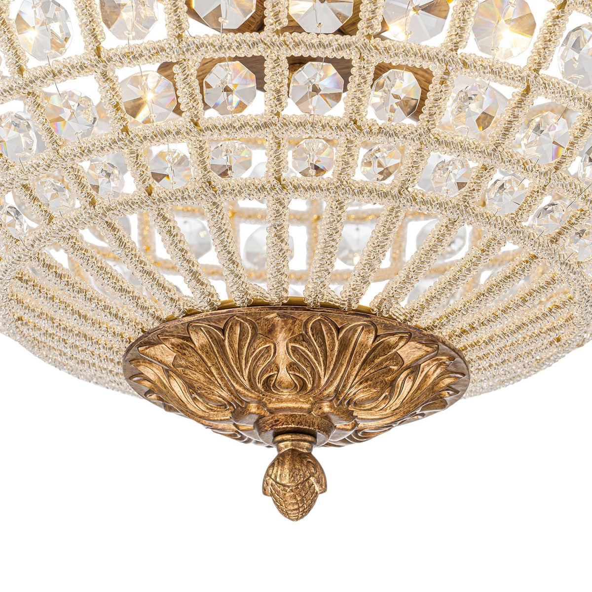 French Antique Brass Bronze Crystal Round Cage Chandelier