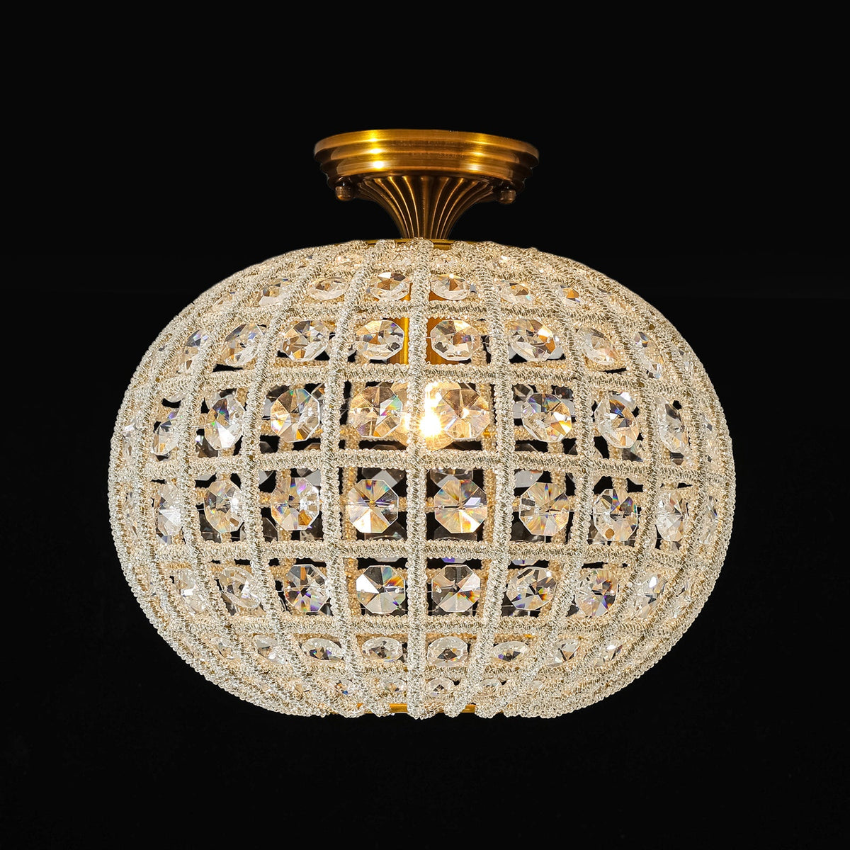 French Antique Brass Crystal Globe Cage Semi Flush Mount