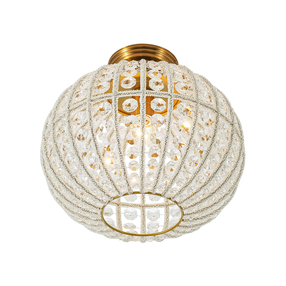 French Antique Brass Crystal Globe Cage Semi Flush Mount