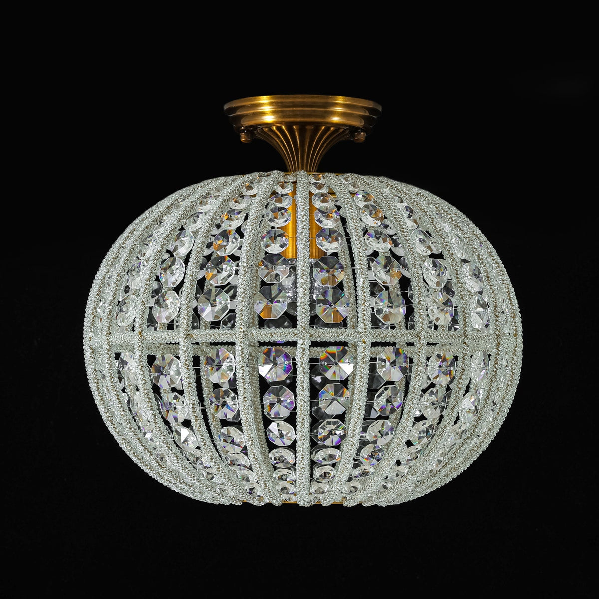 French Antique Brass Crystal Globe Cage Semi Flush Mount