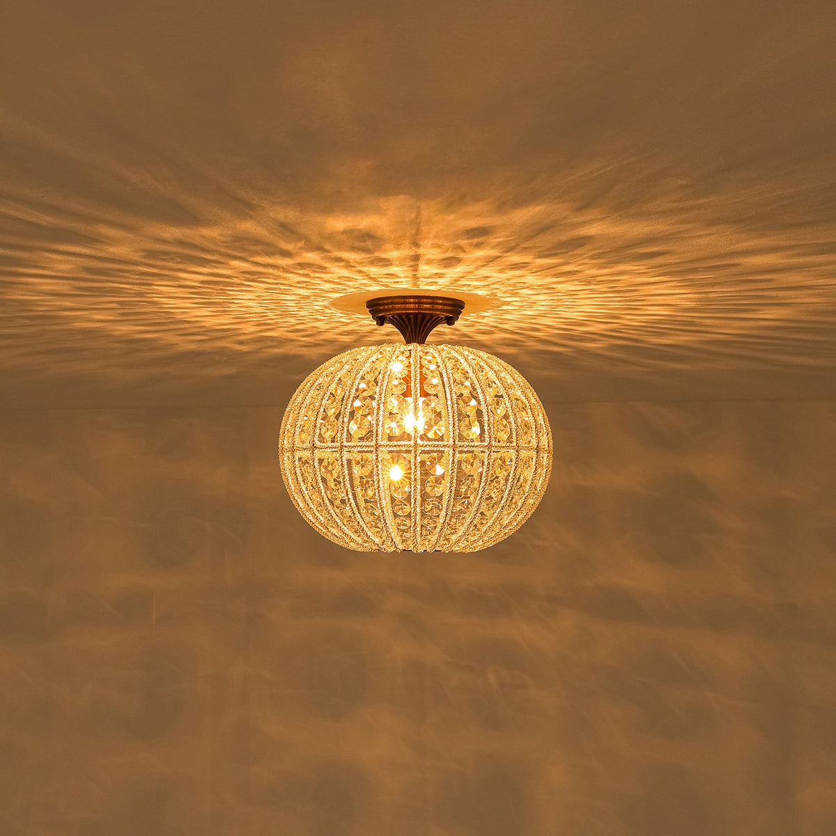 French Antique Brass Crystal Globe Cage Semi Flush Mount