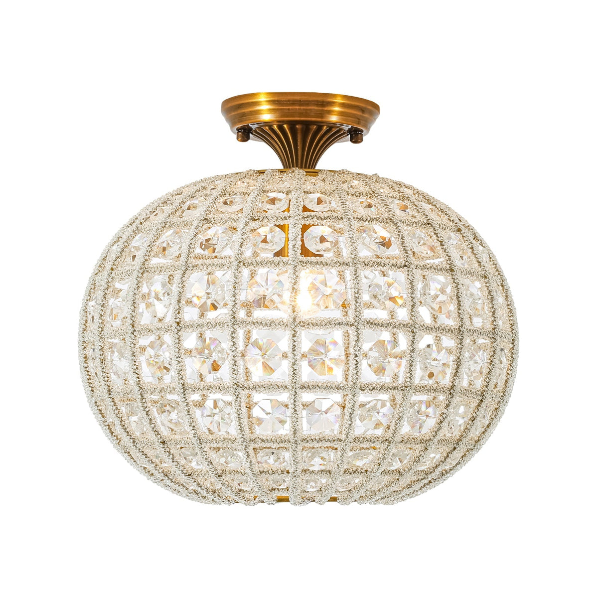 French Antique Brass Crystal Globe Cage Semi Flush Mount