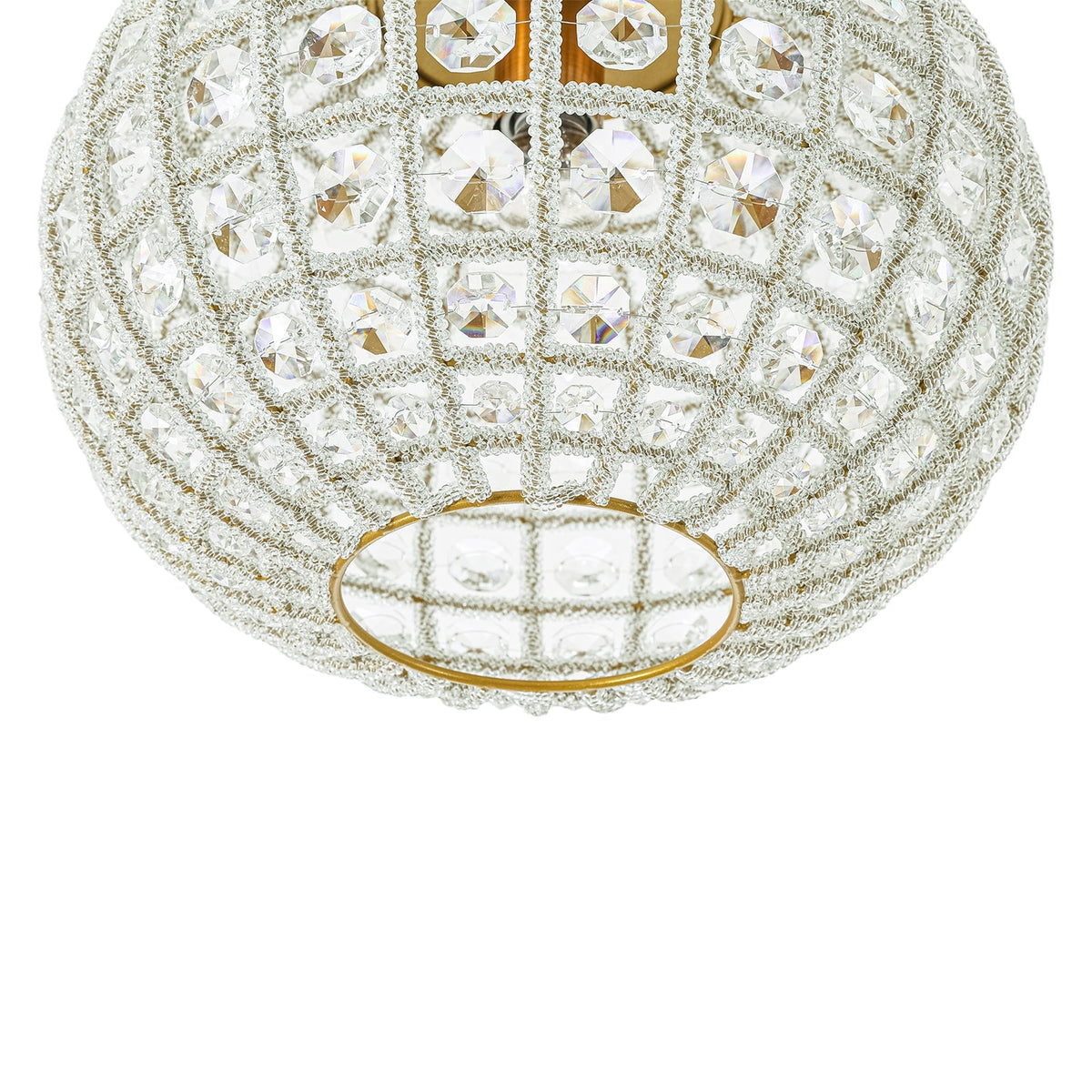 French Antique Brass Crystal Globe Cage Semi Flush Mount
