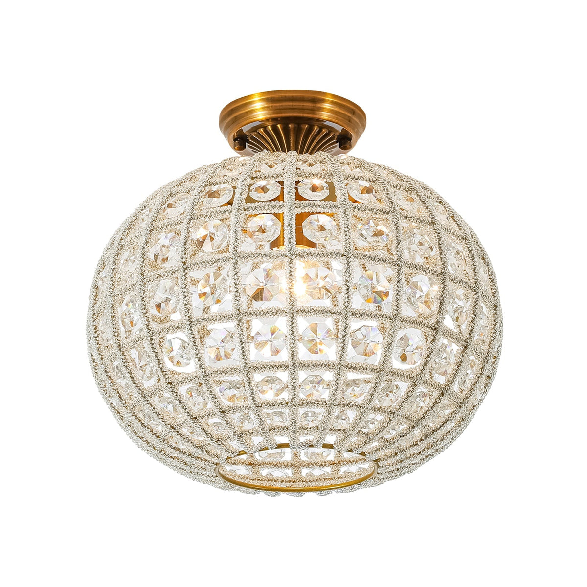 French Antique Brass Crystal Globe Cage Semi Flush Mount