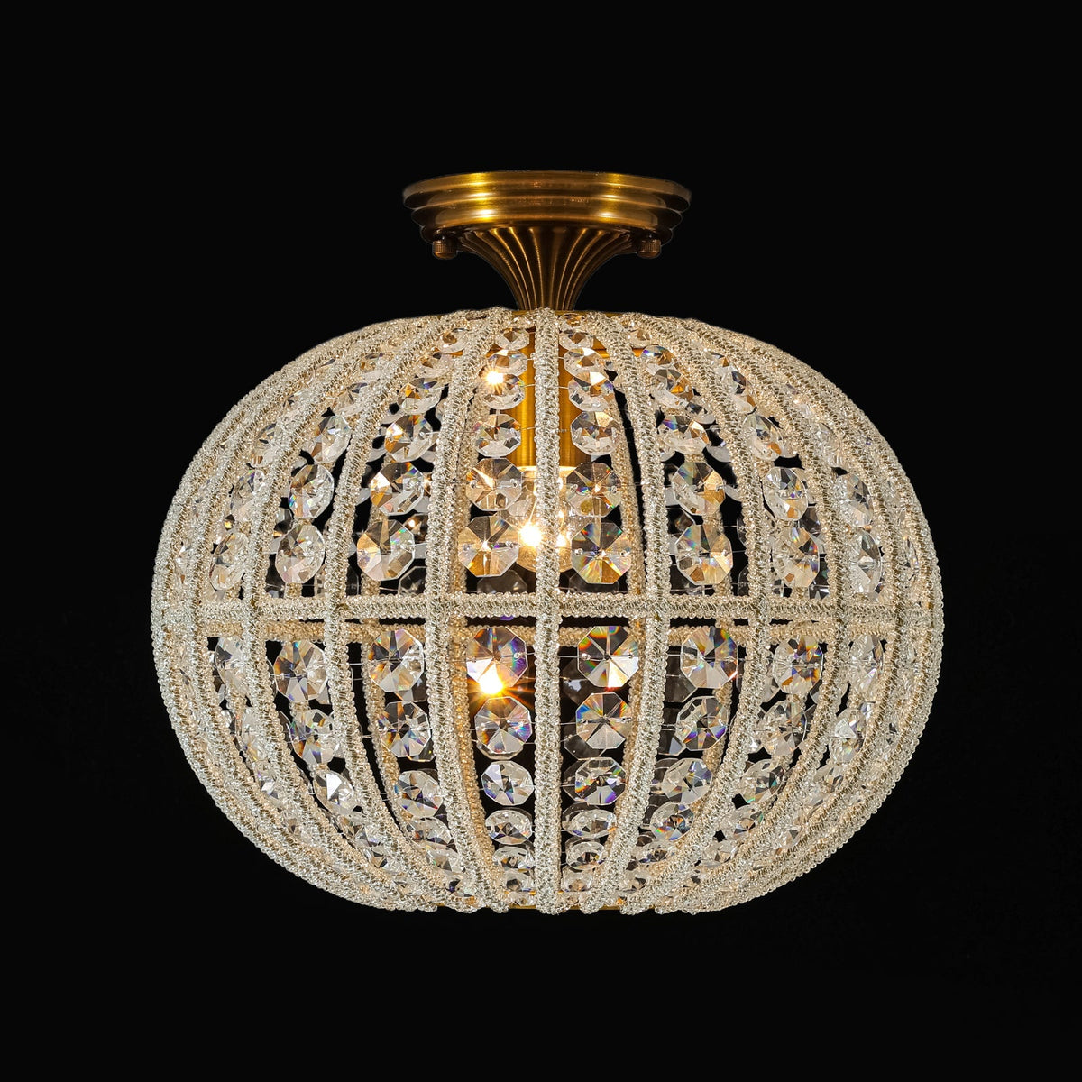 French Antique Brass Crystal Globe Cage Semi Flush Mount