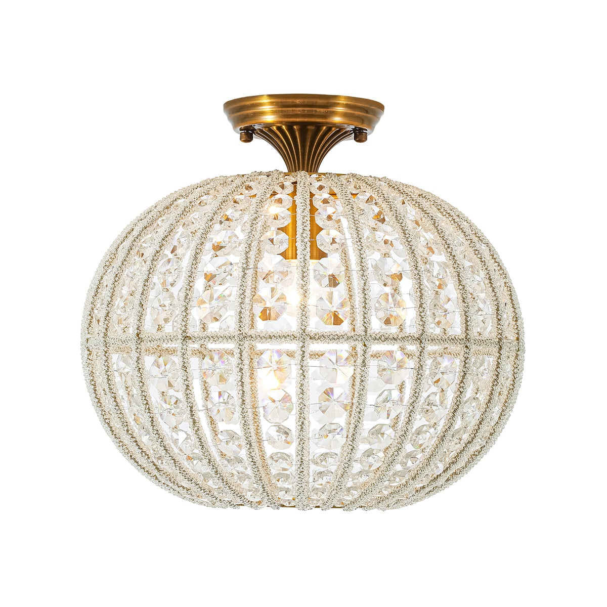 French Antique Brass Crystal Globe Cage Semi Flush Mount