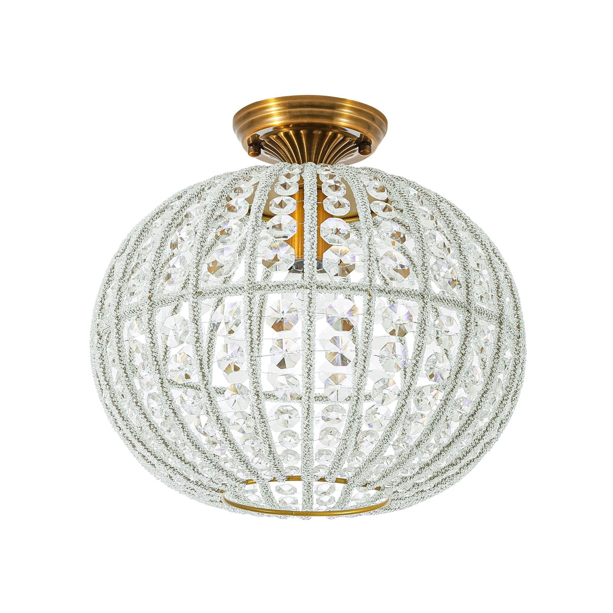 French Antique Brass Crystal Globe Cage Semi Flush Mount