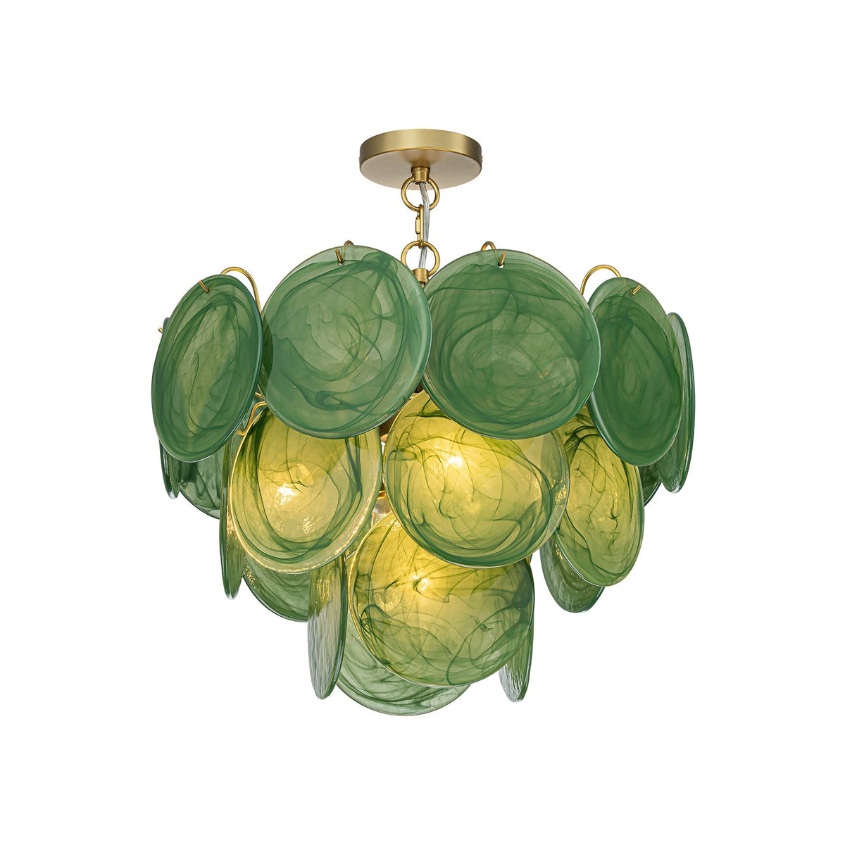 French Art Deco Brass Green Swirl Glass Round Tiered Chandelier