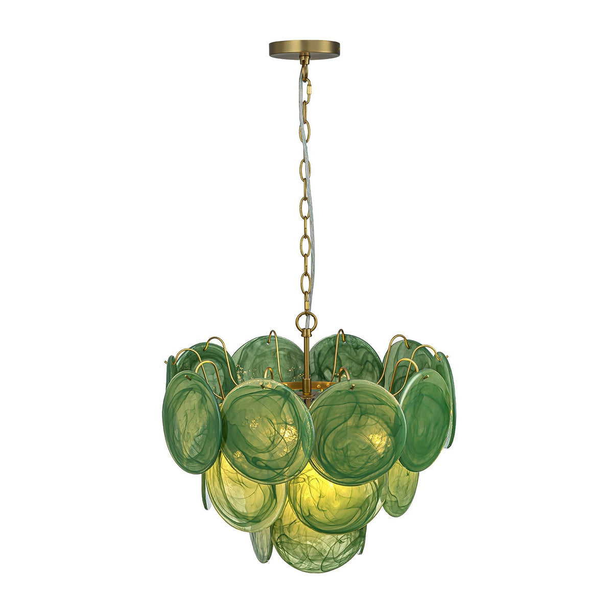 French Art Deco Brass Green Swirl Glass Round Tiered Chandelier