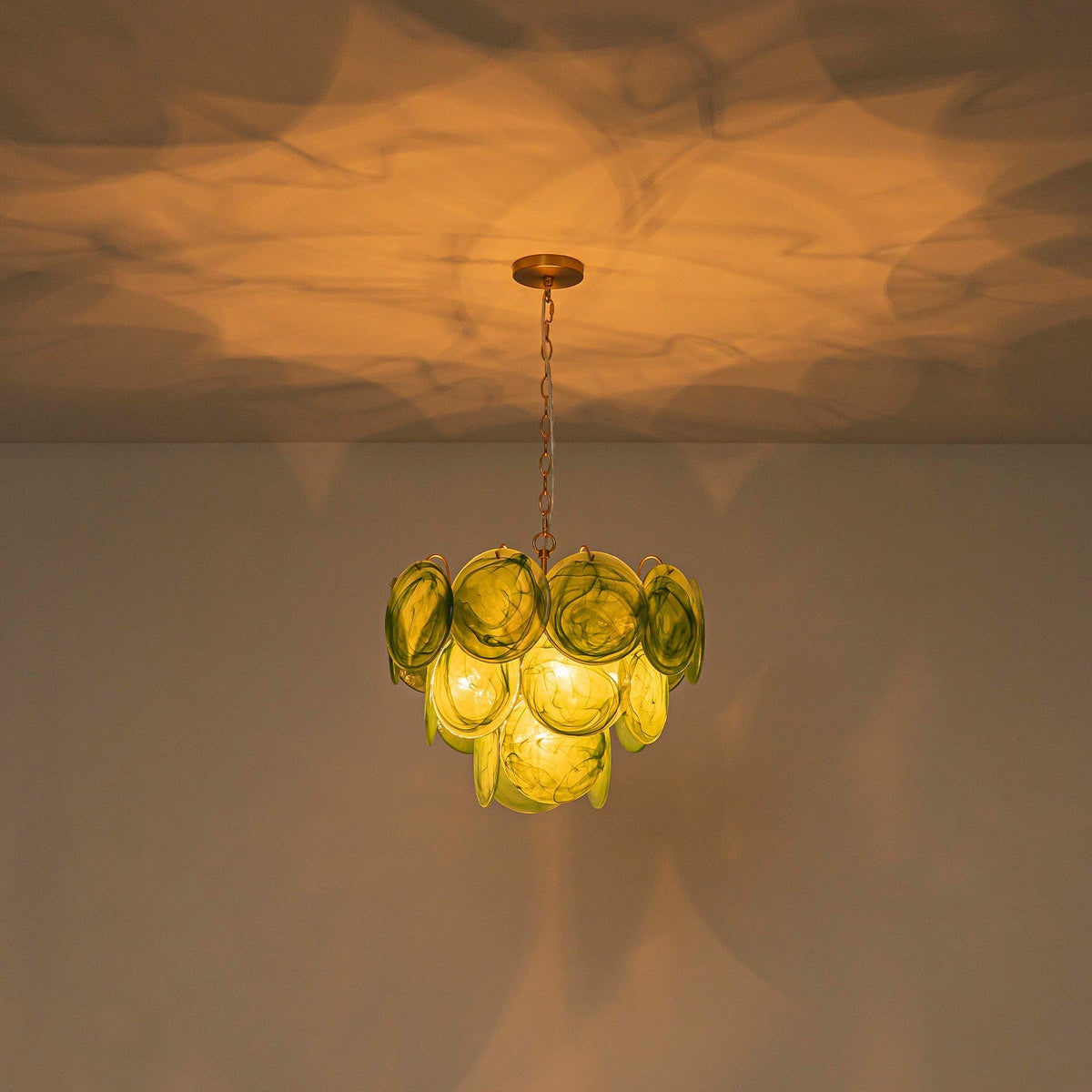French Art Deco Brass Green Swirl Glass Round Tiered Chandelier