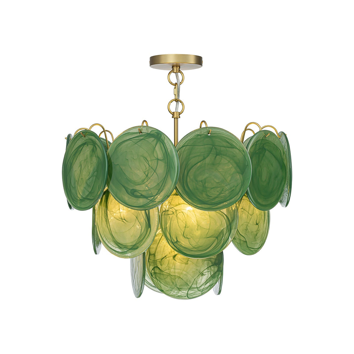 French Art Deco Brass Green Swirl Glass Round Tiered Chandelier