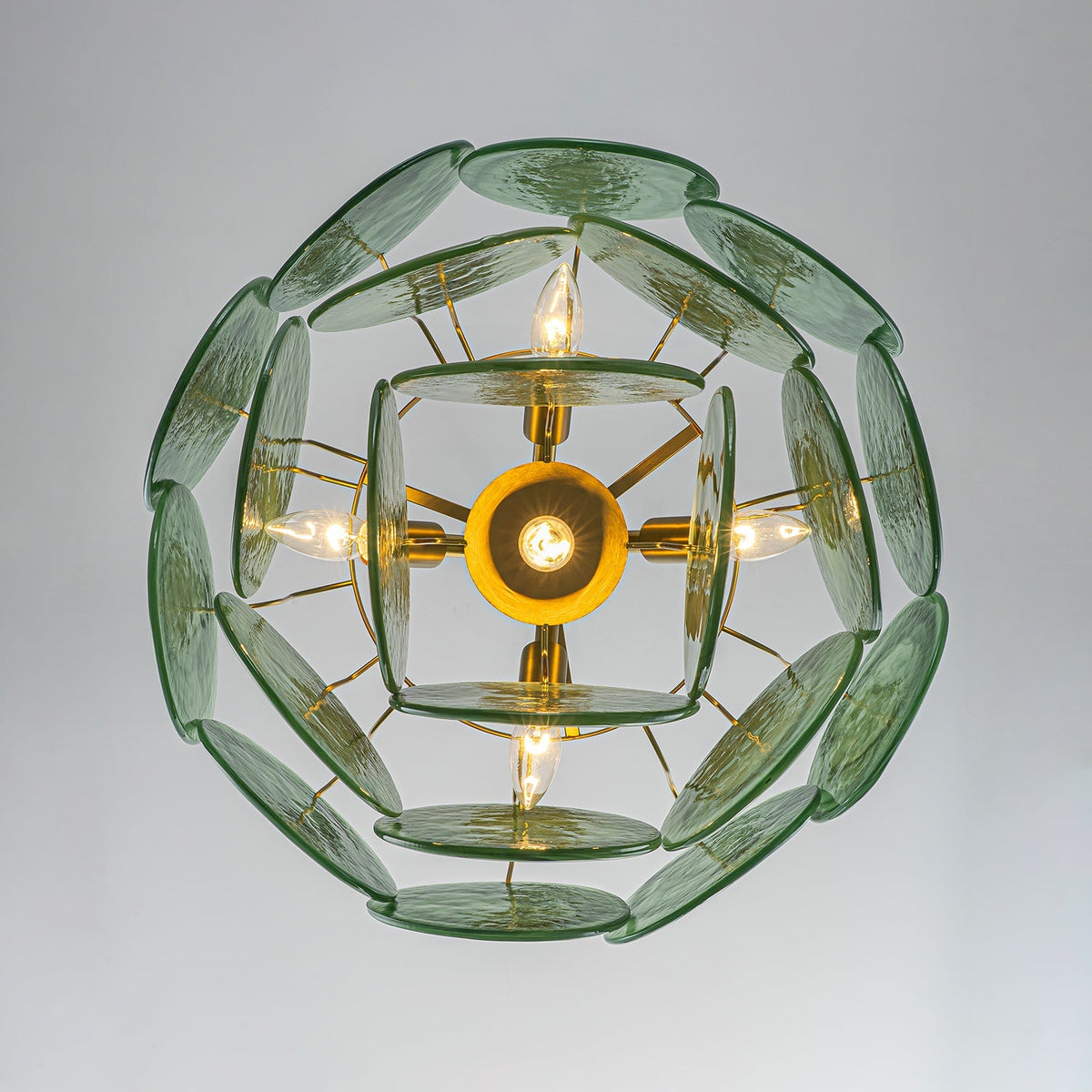 French Art Deco Brass Green Swirl Glass Round Tiered Chandelier