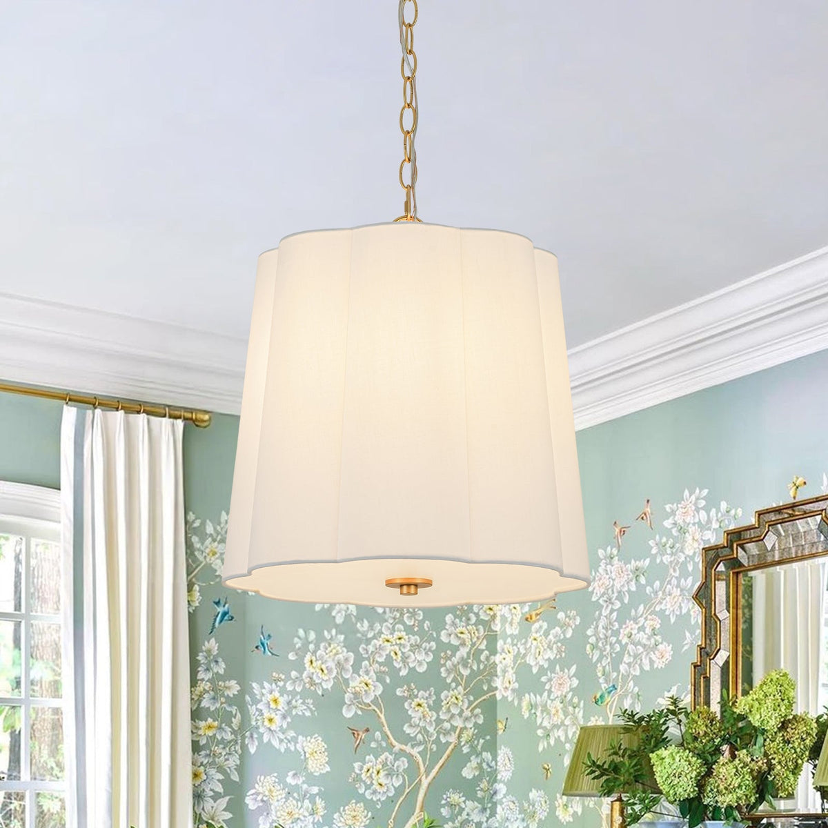 French Bloom White Fabric Scalloped Drum Cage Pendant