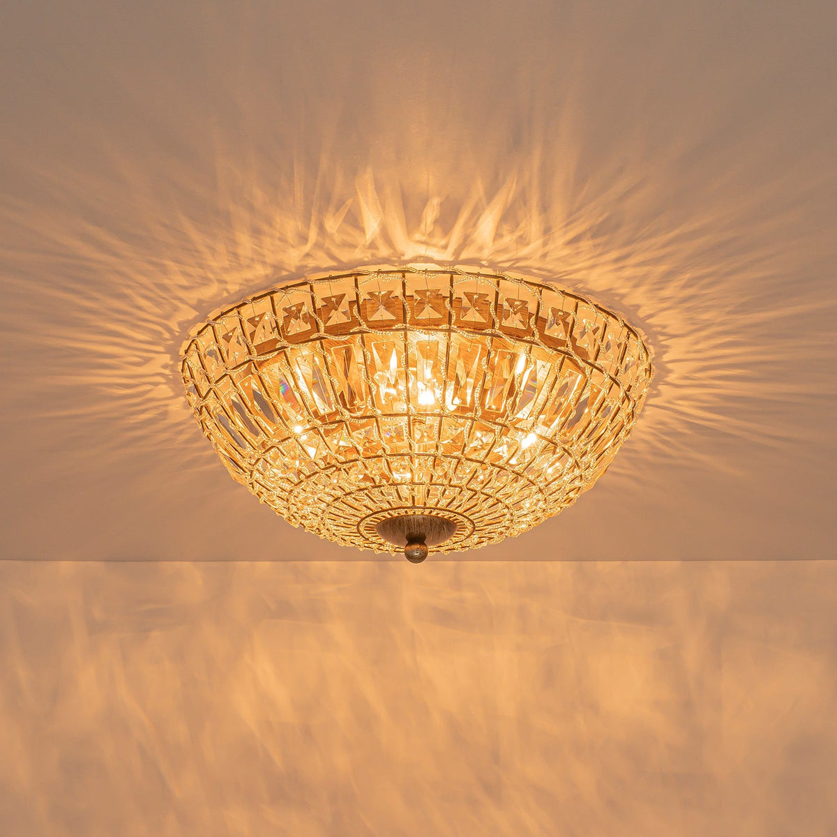 French Country Antique Bronze Round Crystal Cage Flush Mount