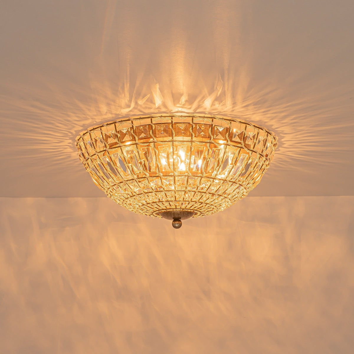 French Country Antique Bronze Round Crystal Cage Flush Mount