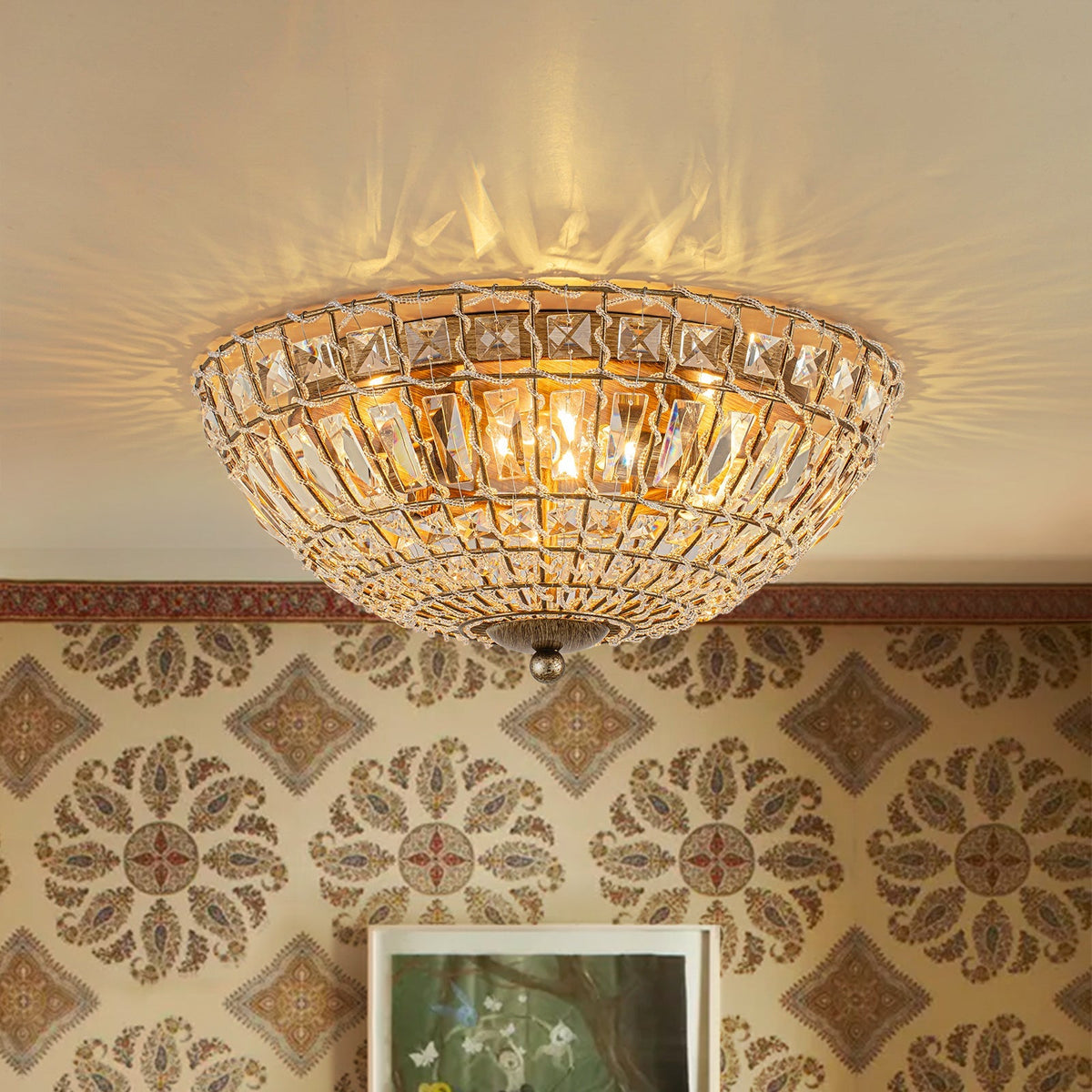 French Country Antique Bronze Round Crystal Cage Flush Mount