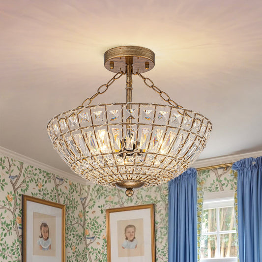 French Country Antique Round Crystal Cage Semi Flush Mount
