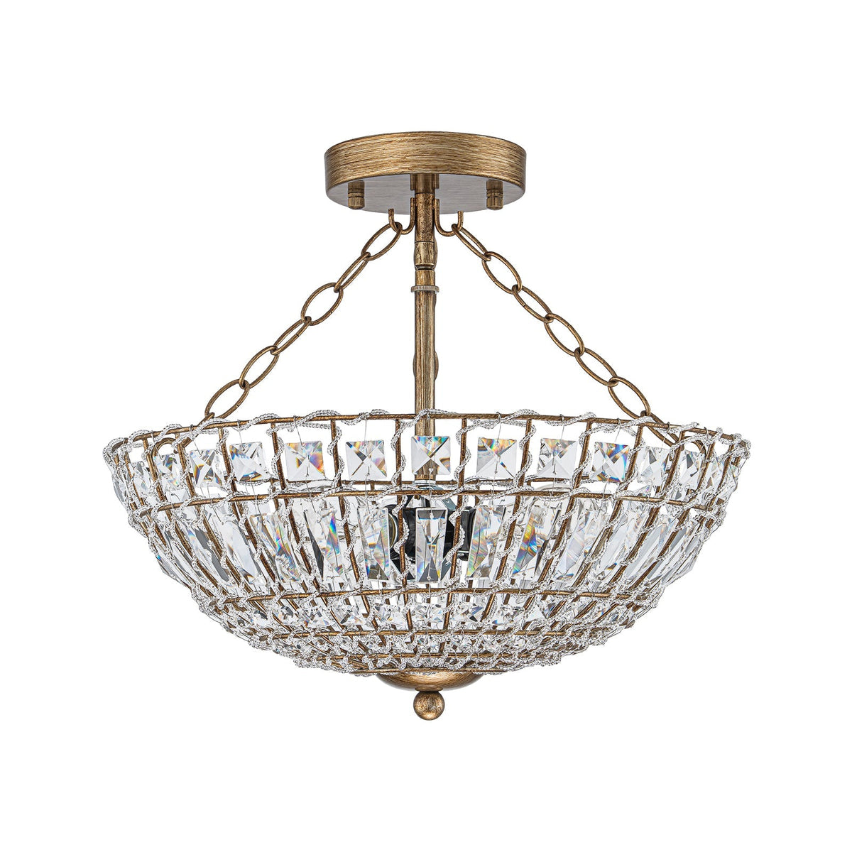 French Country Antique Round Crystal Cage Semi Flush Mount