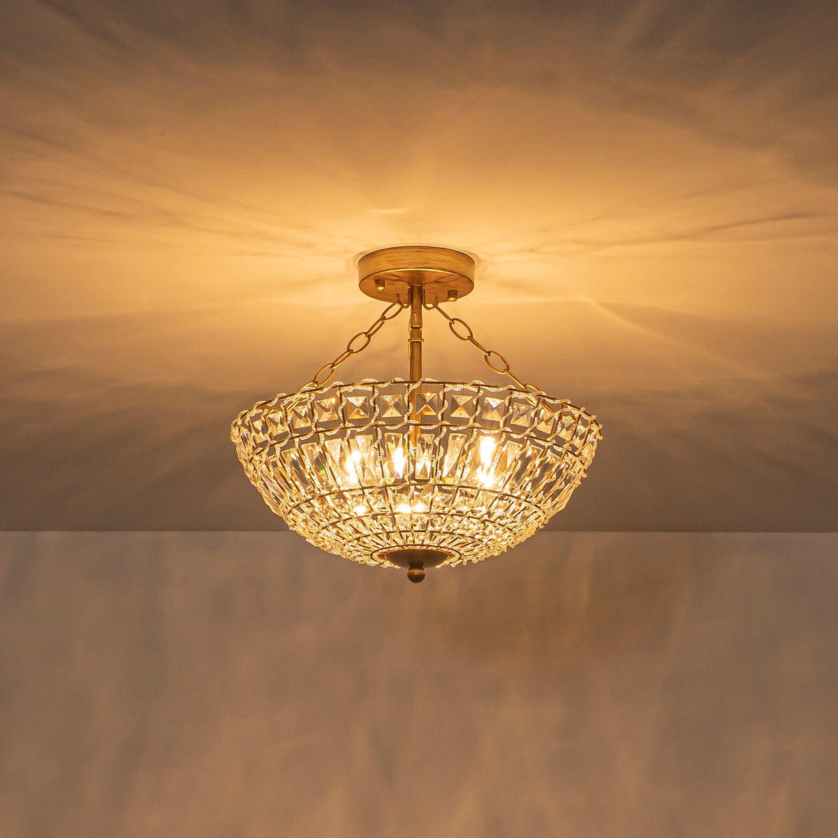 French Country Antique Round Crystal Cage Semi Flush Mount