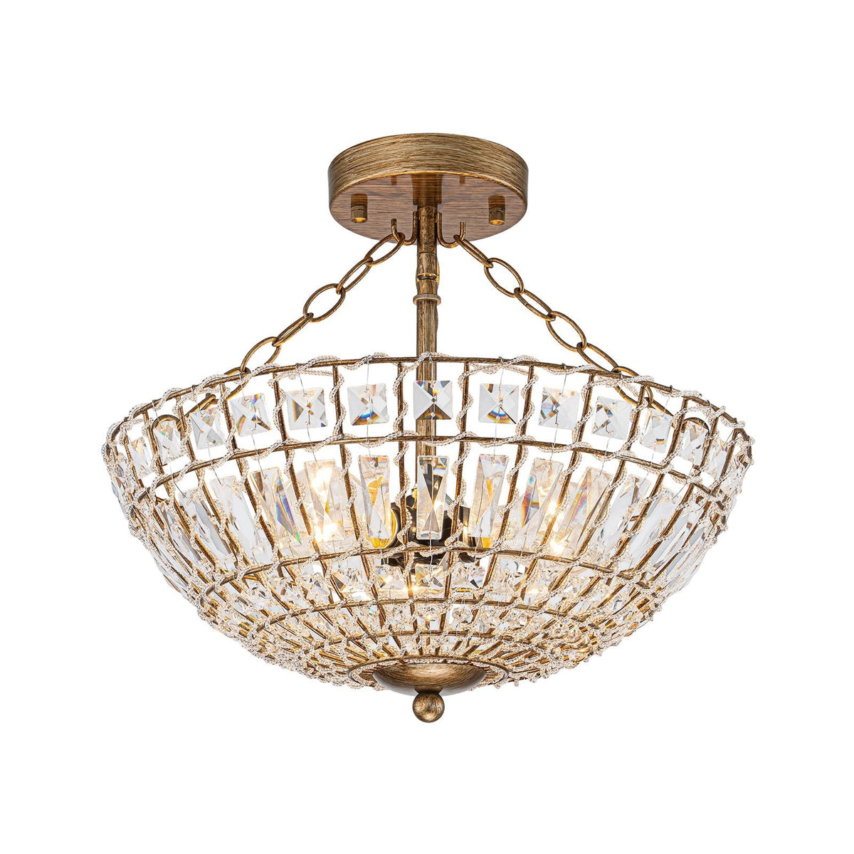 French Country Antique Round Crystal Cage Semi Flush Mount