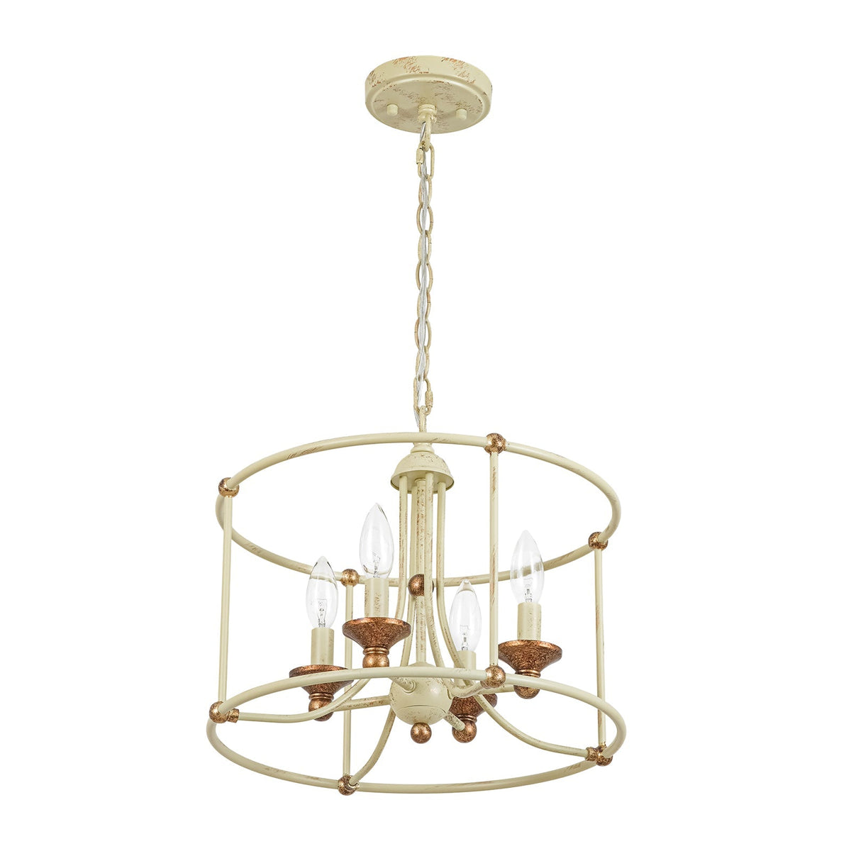 French Country Distressed Beige Metal Drum Candle Cage Pendant