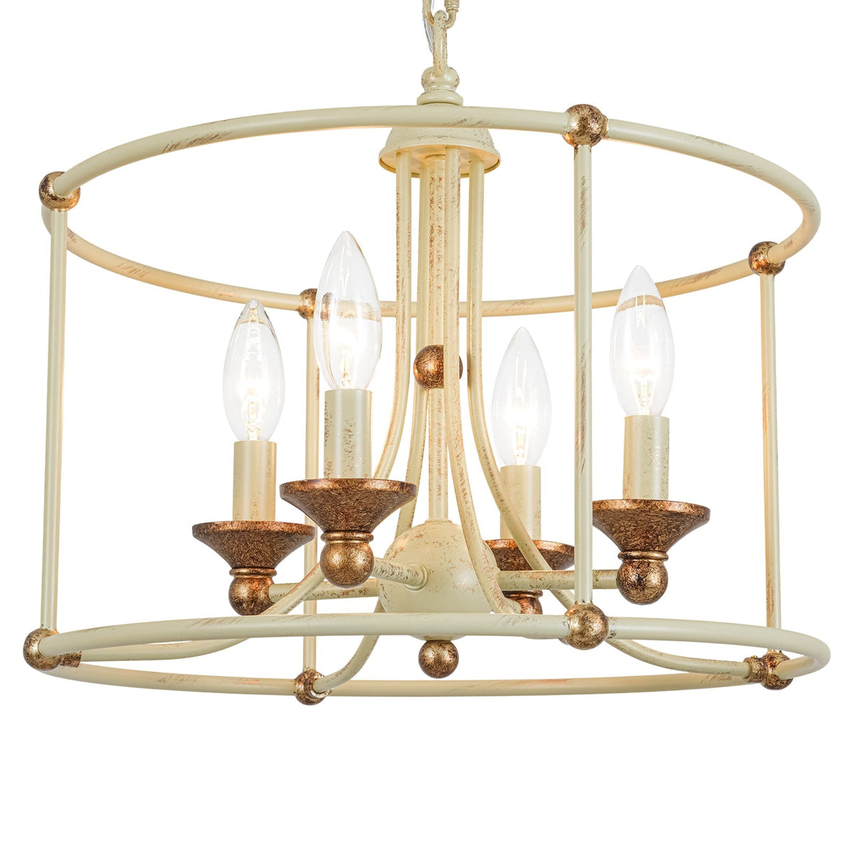 French Country Distressed Beige Metal Drum Candle Cage Pendant