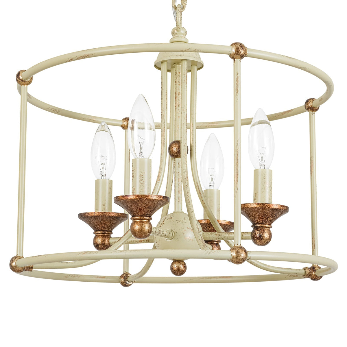 French Country Distressed Beige Metal Drum Candle Cage Pendant