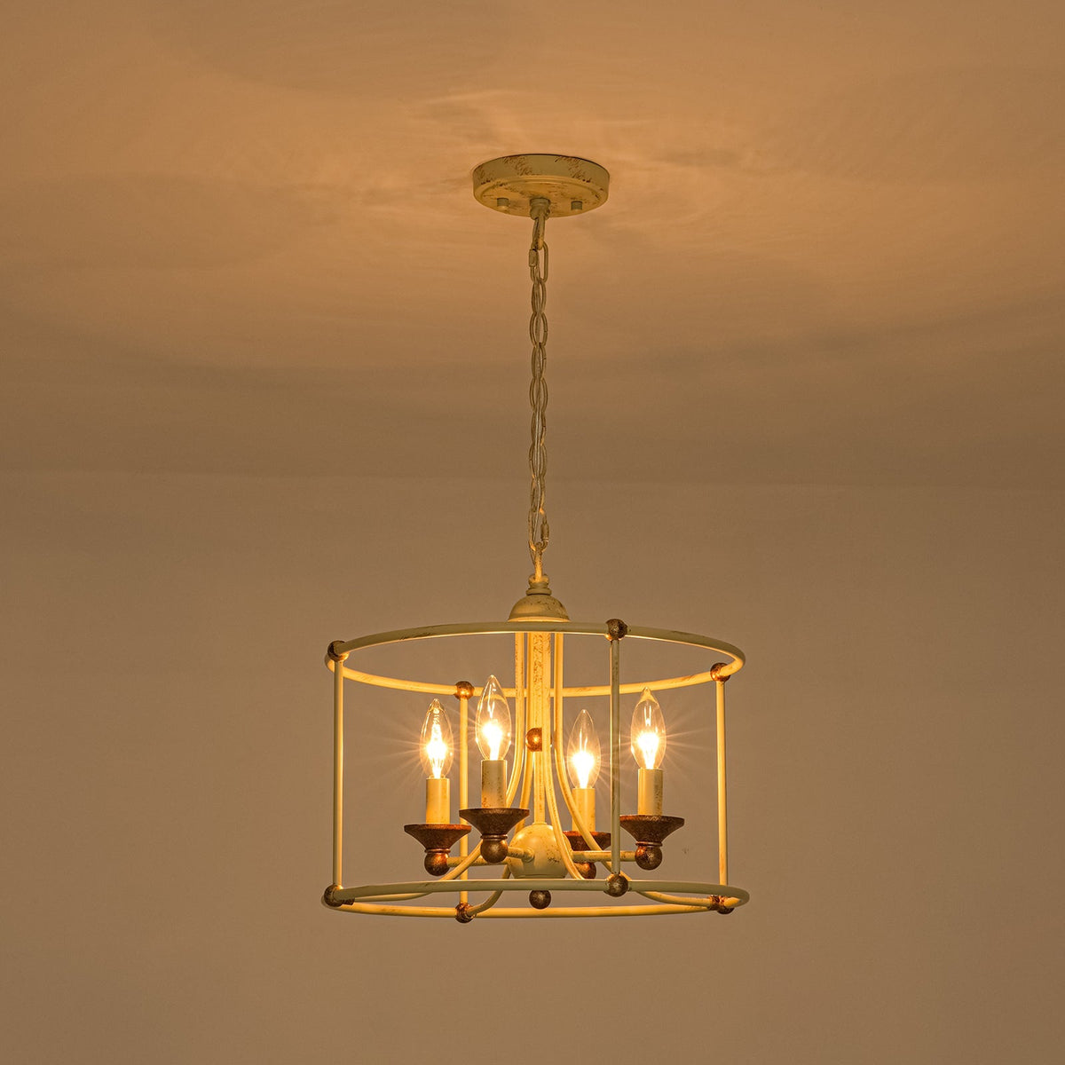 French Country Distressed Beige Metal Drum Candle Cage Pendant