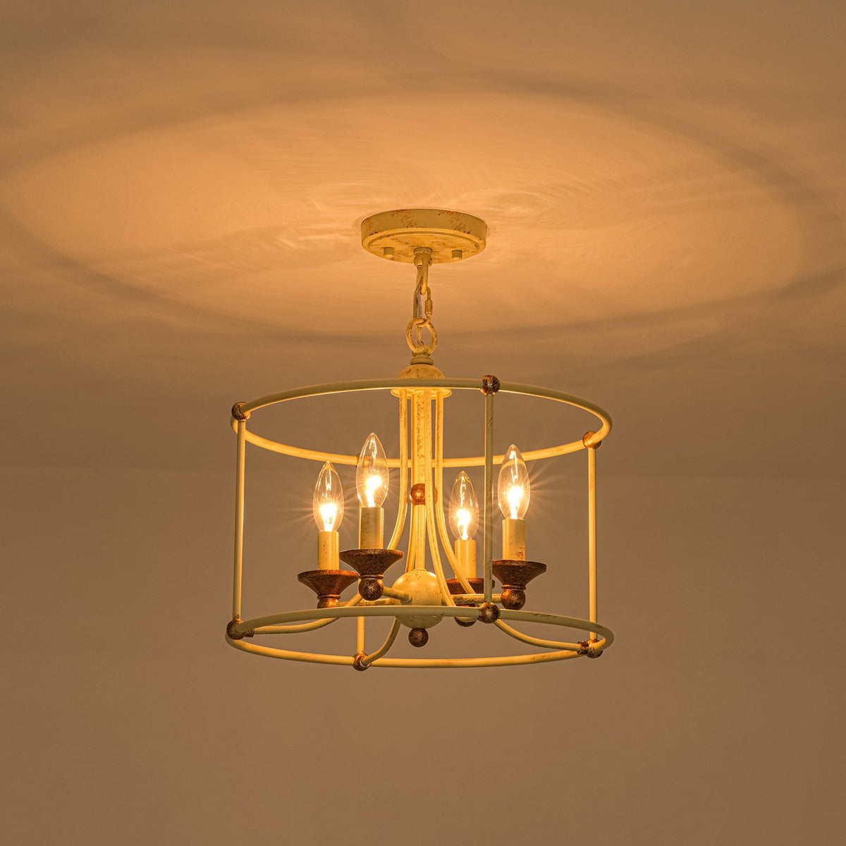 French Country Distressed Beige Metal Drum Candle Cage Pendant