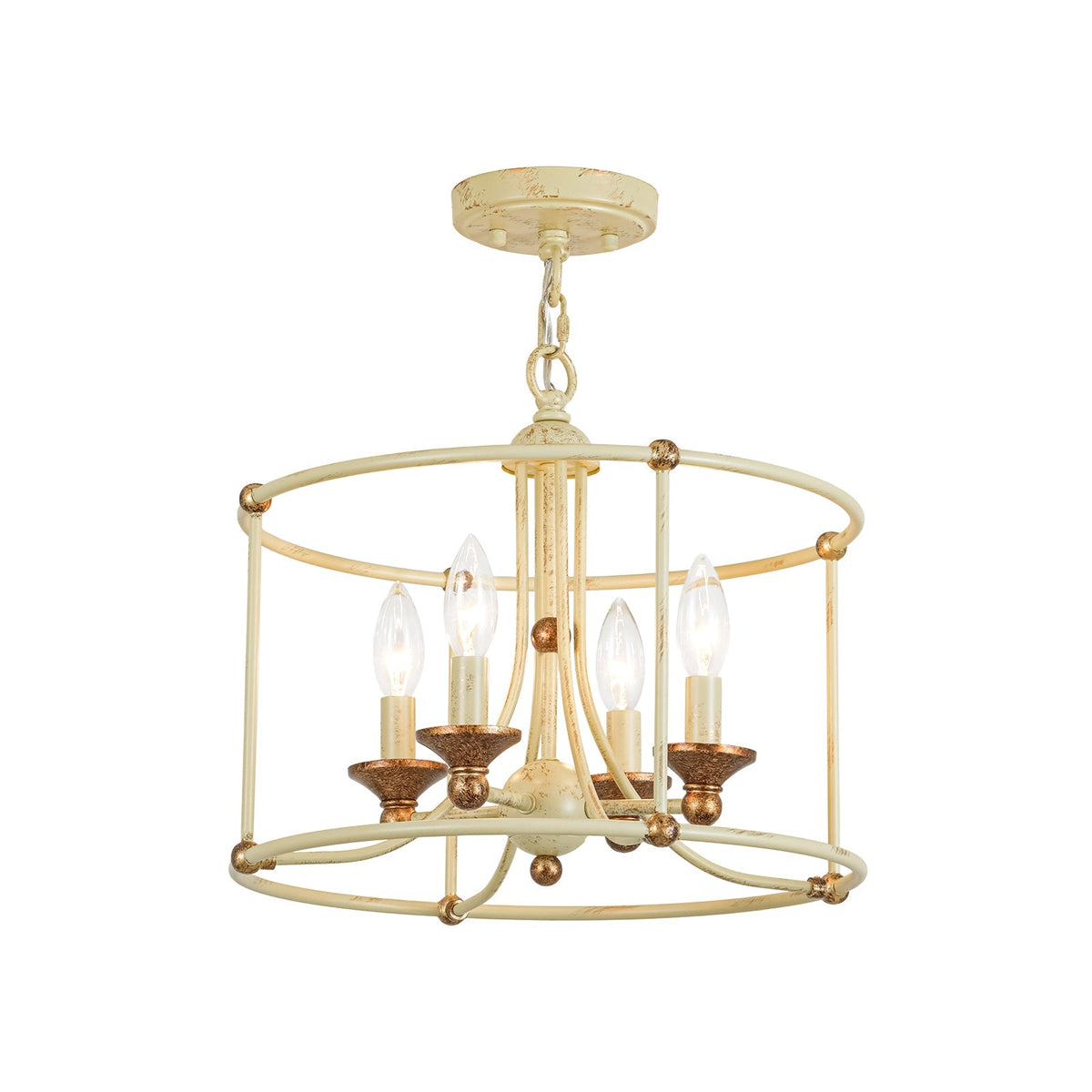 French Country Distressed Beige Metal Drum Candle Cage Pendant